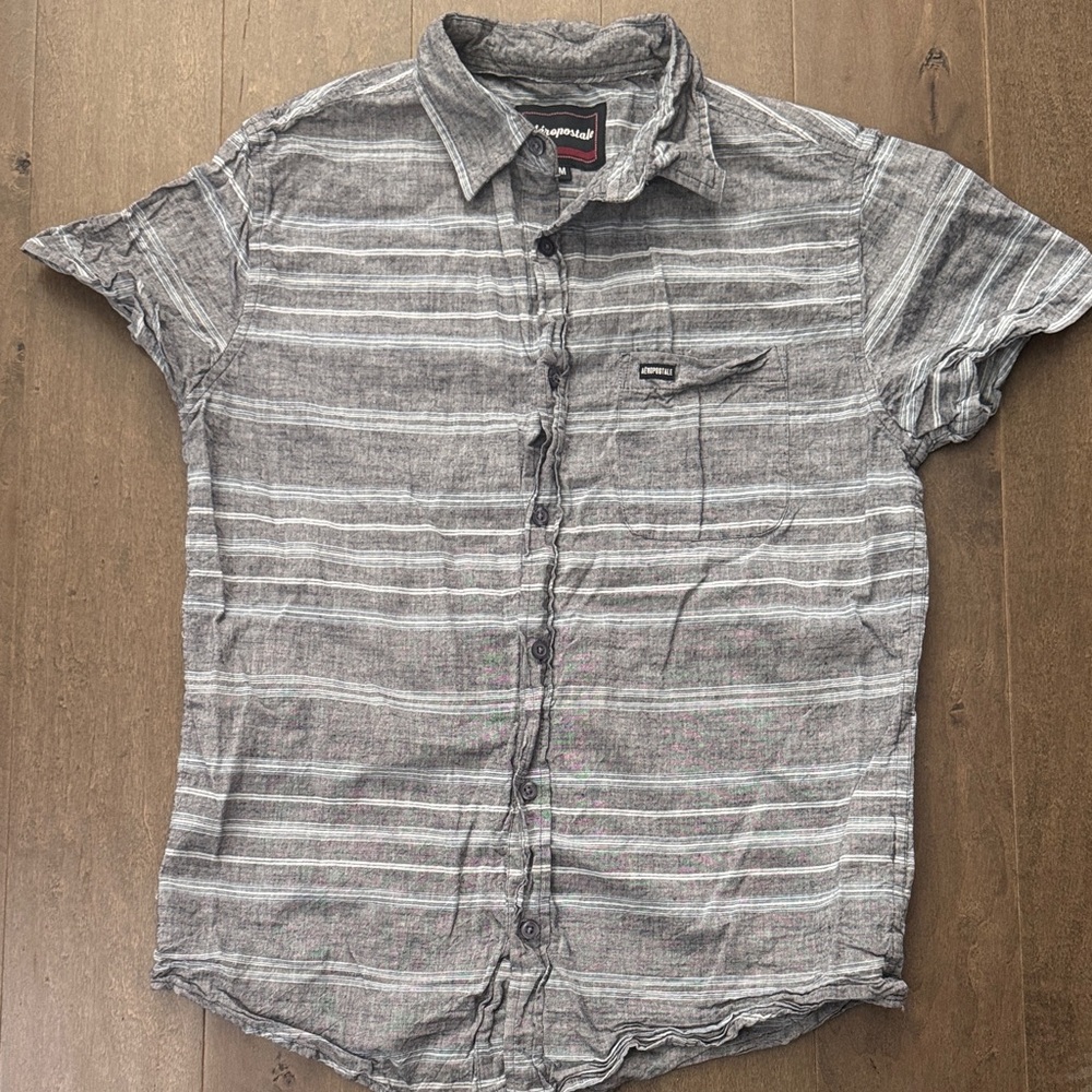 Aeropostale Gray and White Striped Button-Down Shirt